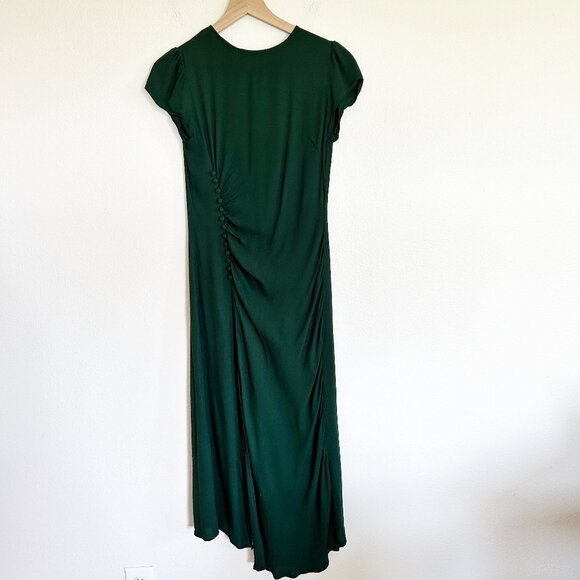 Reformation Dress 6 Forest Green Frasier Midi Short Sleeve Button Classy